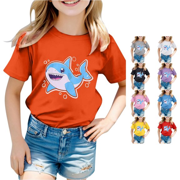 Rggeeun Child Girls Blouse Cute Cartoon Animal Print Short Sleeve Crew Neck Knit Loose Soft Breathable for Summer Beach Lounging Graceful Tops,Orange,3-4 Years