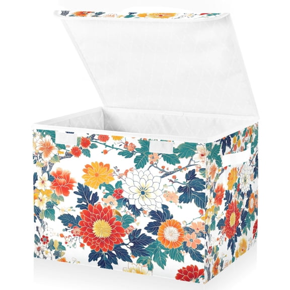 Yayeee Collapsible Cube Storage Bin with Lid Fabric Closet Decorative Basket with Handles, Colorful Flowers Pattern