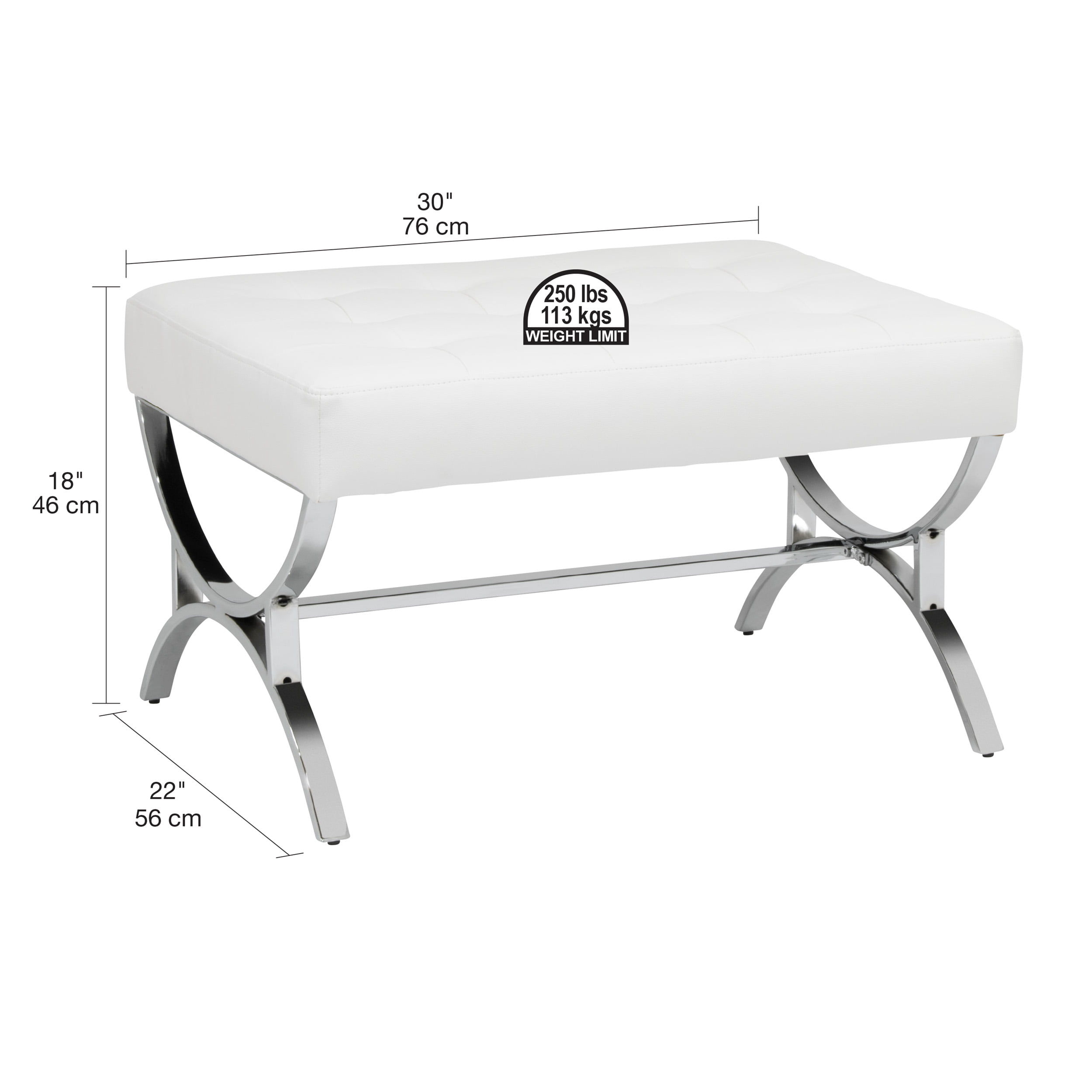 Studio Designs Home Newel Modern Square Ottoman Blended Leather and Chrome Metal Frame in Chrome and White