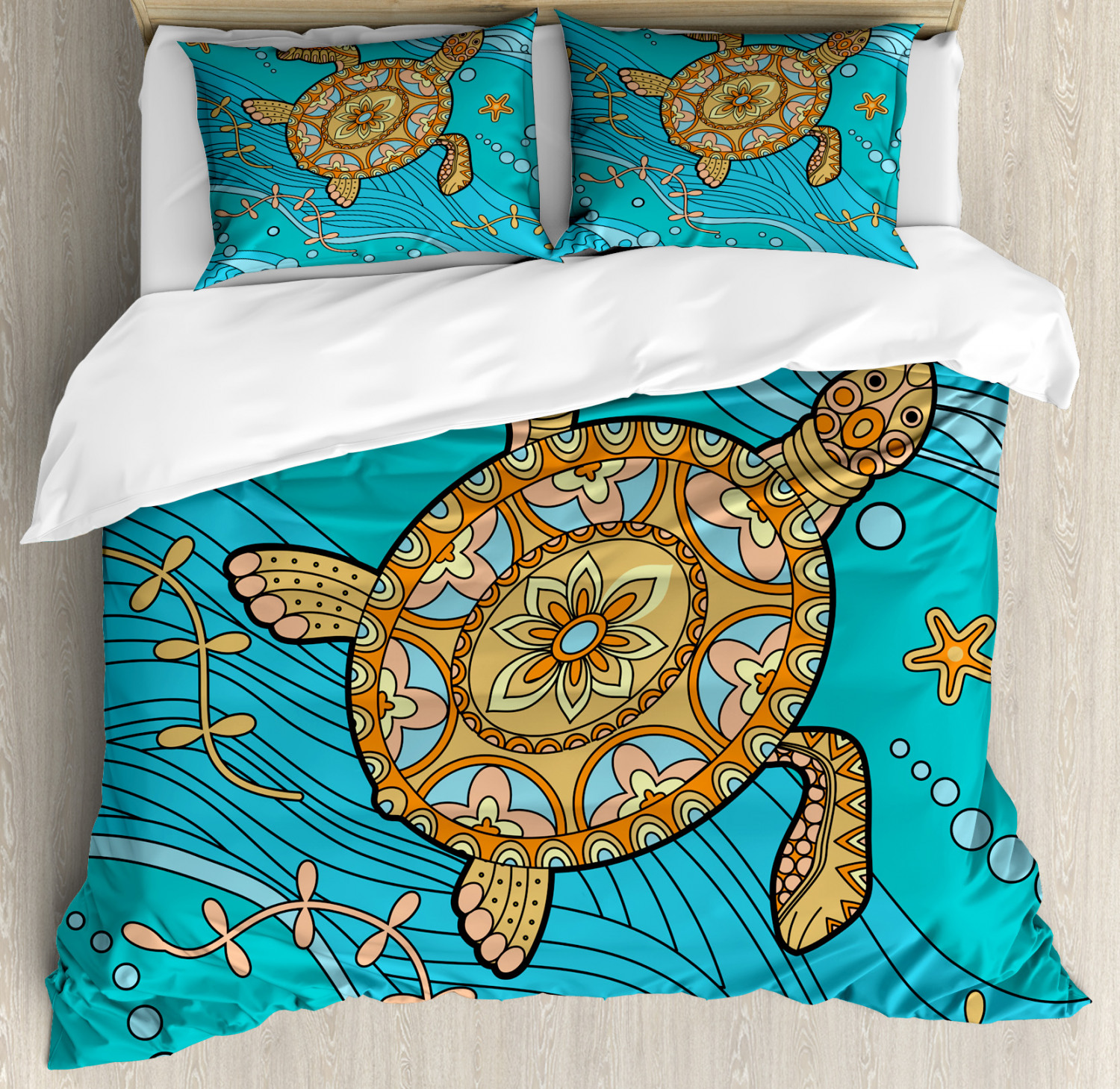 Turtle Queen Size Duvet Cover Set, Doodle of Sea Turtle on Water Surface Artistic Maritime