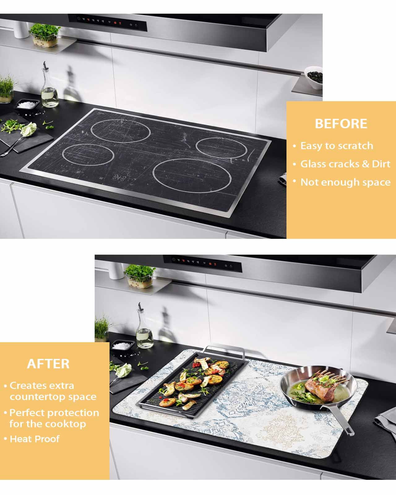 nqOlkjepod Large Induction Cooktop Protector Mat 24"x21", Yellow Blue Abstract Stove Top Covers for Electric Stove, Vintage Floral Pattern Decorative Stove Burner Cover Mats, Glass Top Stove Cover