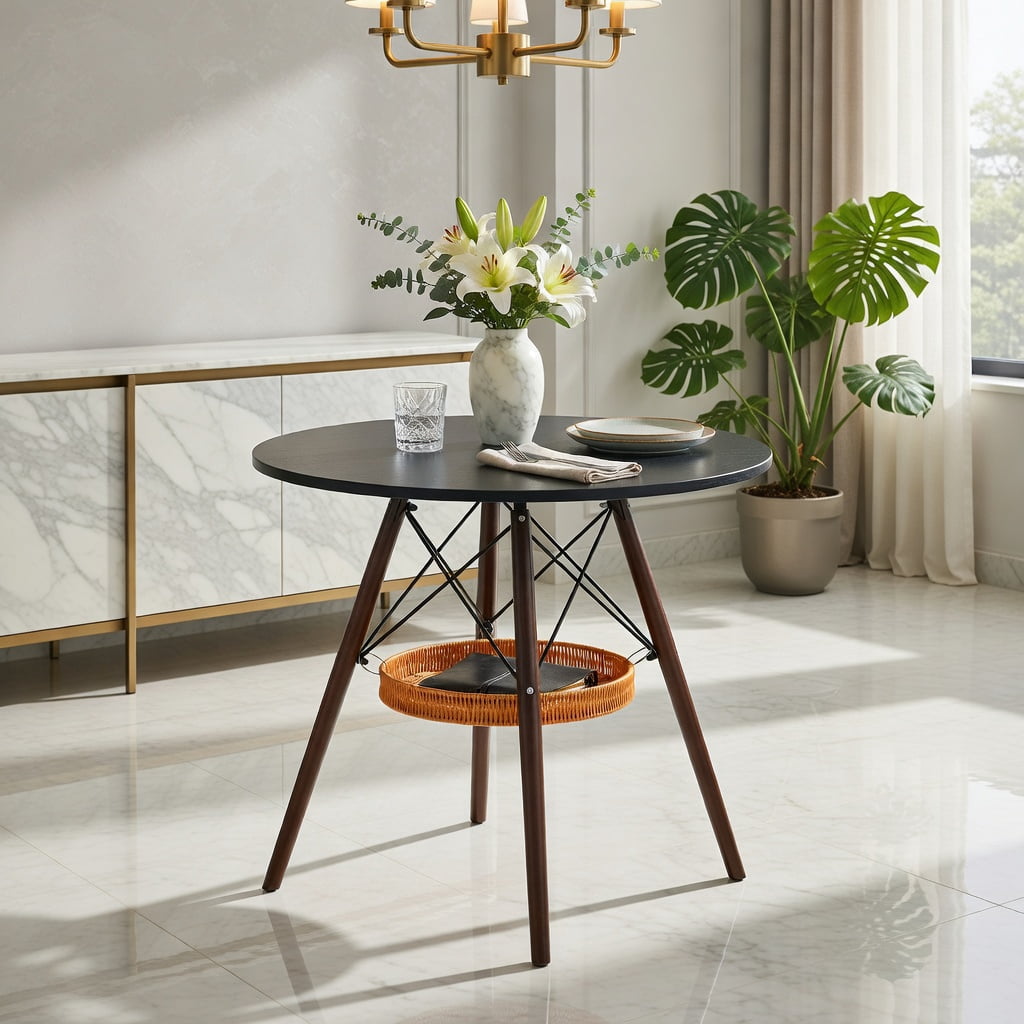 Hommoo 31.5-inch Round Dining Table with Walnut Solid Wood Legs, MDF Vacuum-Formed Top & Hanging Woven Storage Basket, Modern Scandinavian Coffee Table for Small Spaces, Black