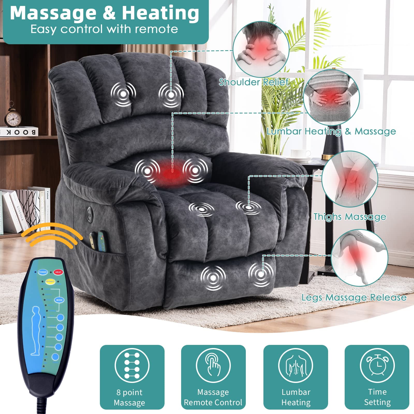 MEETWARM Large Power Lift Electric Recliner Chair with Massage and Heat, Overstuffed Wide Recliner for Elderly Big People, Plush Fabric Recliners with 2 Remote Controls, USB Ports, Side Pockets（Gray）