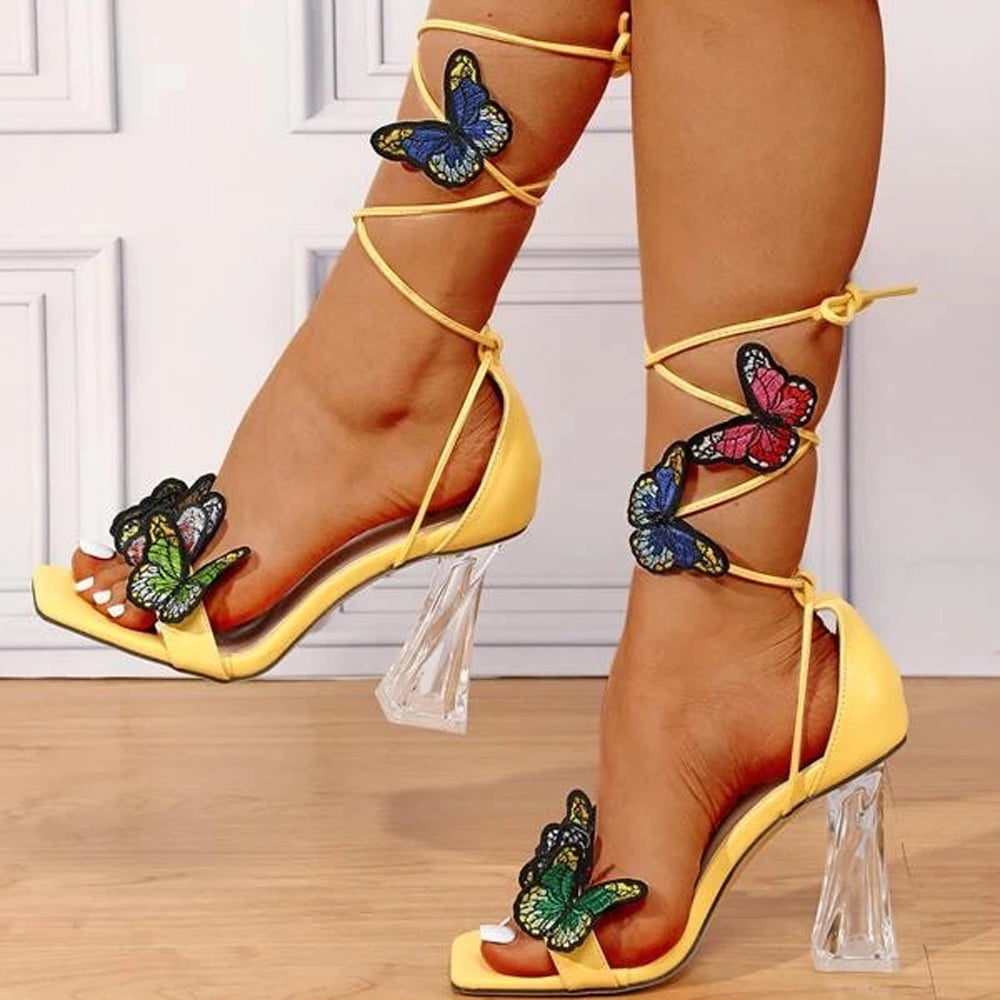 Luxury Women Butterfly Appliques Sculptural Heeled Strappy Open Toe Sandals Sexy Chunky Block High Heels Summer Shoes Lady Yellow Party Valentine Footwear Walmart Com