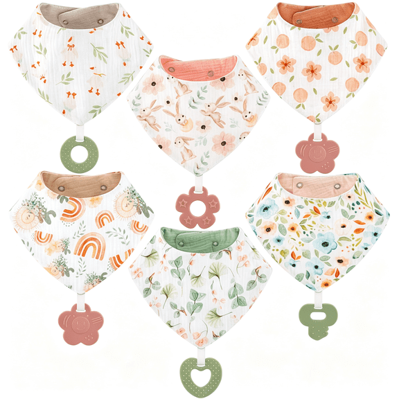 TELOLY Baby Bandana Drool Bibs 6-Pack and Teething Toys 6-Pack Made with 100% Organic Cotton,Absorbent and Soft Unisex Bibs for Baby Boy