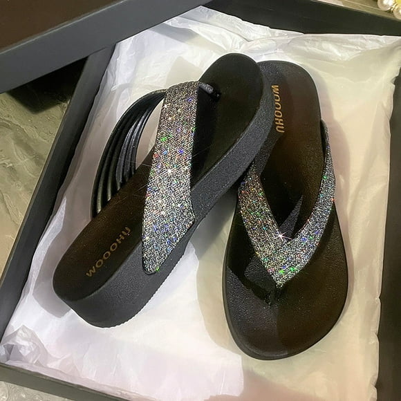 WILLBEST Furry Slippers Women's Fashion Trendy Beach Shoes Flat Heel Versatile Herringbone Flash Strap Slippers