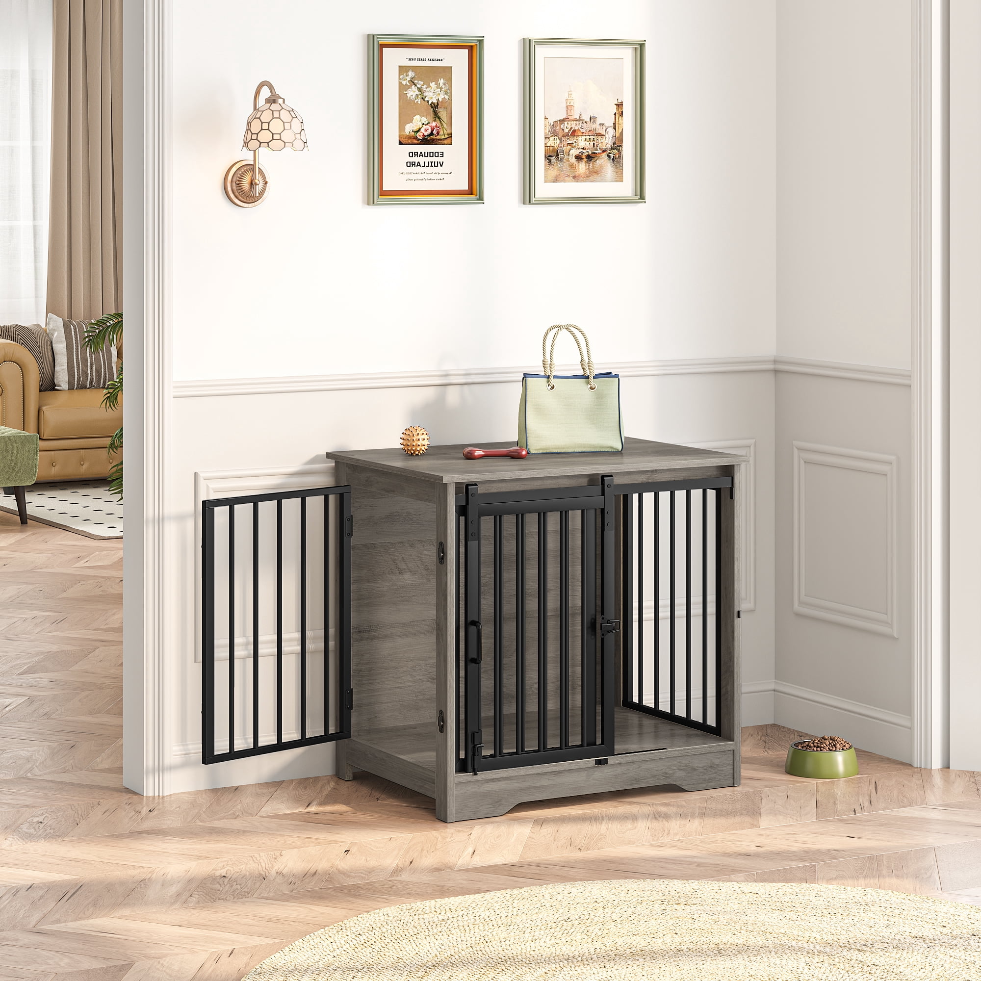 27.2"Dog Crate Furniture with Barn Door,Wooden Pet Cage End Table for Small Medium Dogs up to 22 lb