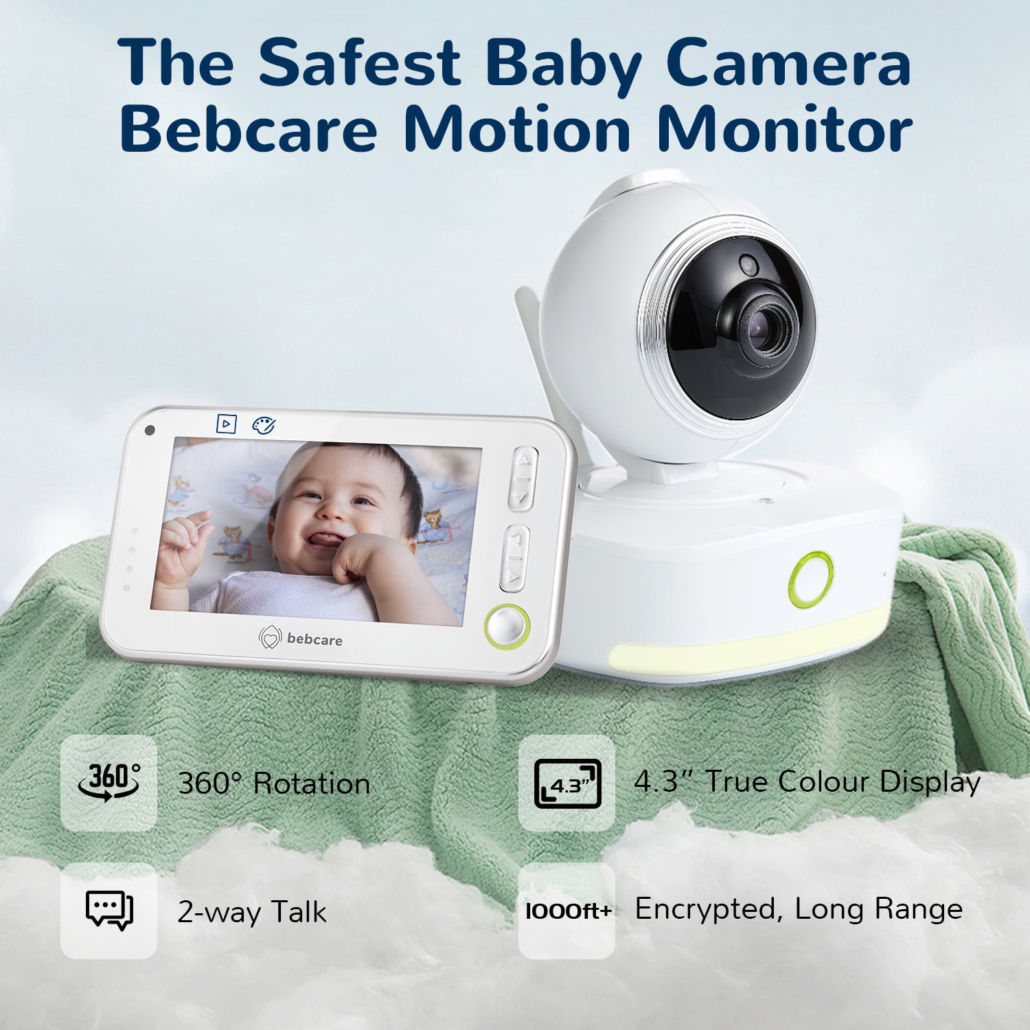 Bebcare Motion Digital Low EMF Emissions Video Baby Monitor with 4.3" True Color Screen, Non-WiFi, Temperature, Movement Detection, Night Light, Music Lullabies, up to 4 Cams