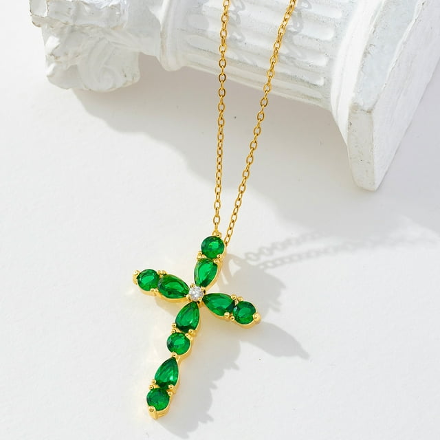 Nvzi Colgante de collar hecho a mano, colgante de cruz de circonita de colores en forma de gota (verde)