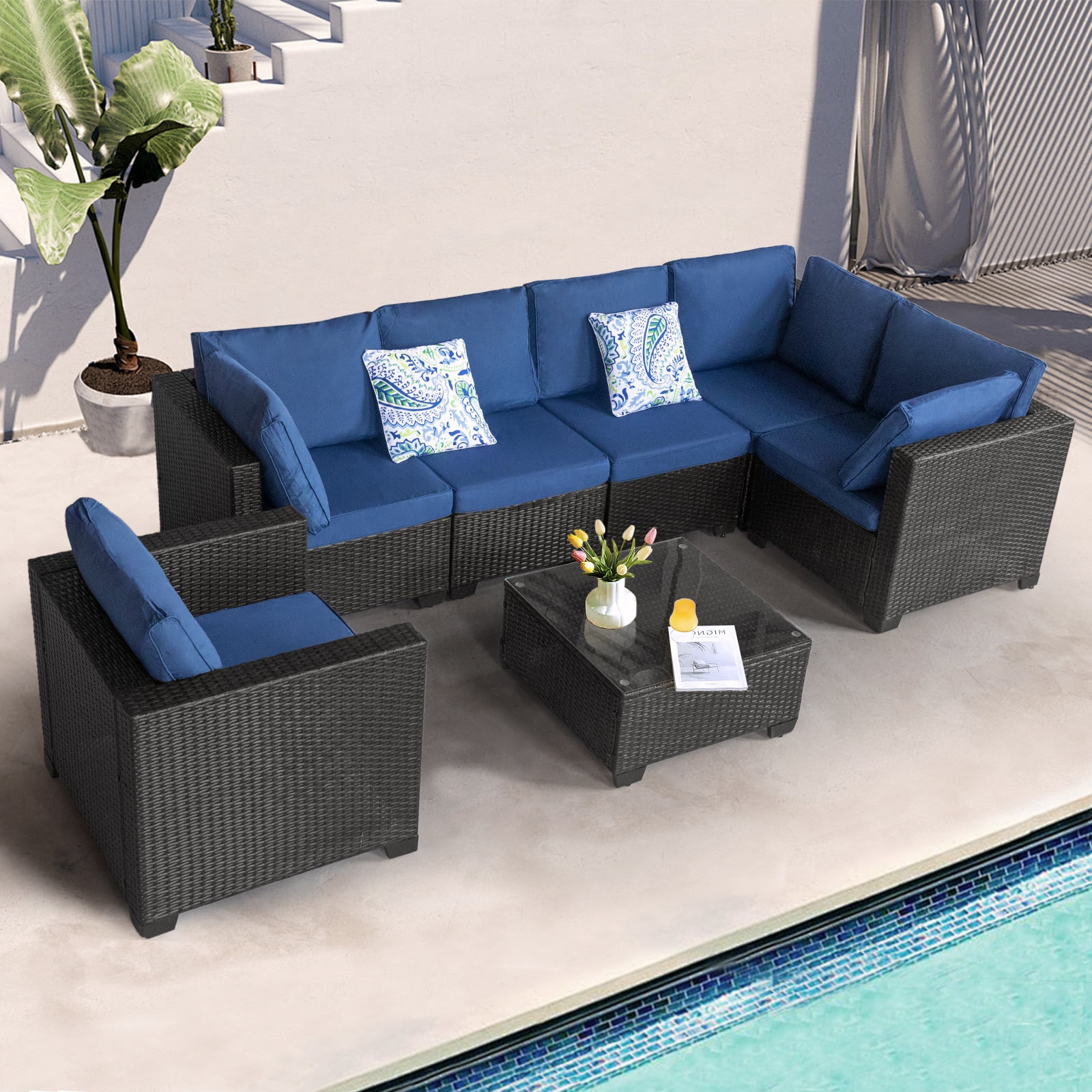 7 Pieces Patio Furniture Set, Outdoor Sectional Sofa with Table, Wicker Rattan Patio Conversation Couch with Blue Cushions and Pillows