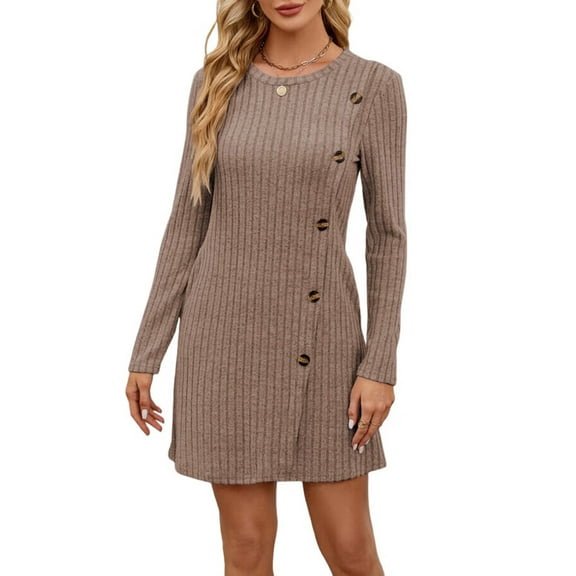 Long Sleeve Dress for Women Tunic Sweater Dresses with Pockets Fashion Buttons Side Khaki XXL