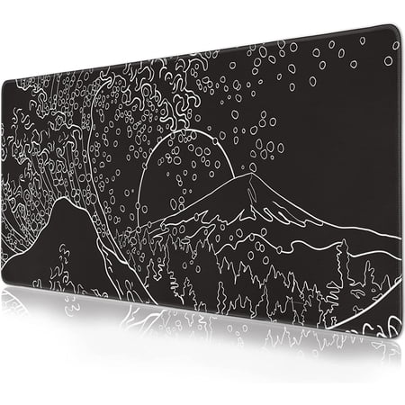 Black White Japanese Mouse Pad Extended Gaming Mouse Pad (31.5x15.7 in) Large Waves Sea Non-Slip Rubber Base Desk Protector with Stitched Edges Full Desk Mousepad XXL
