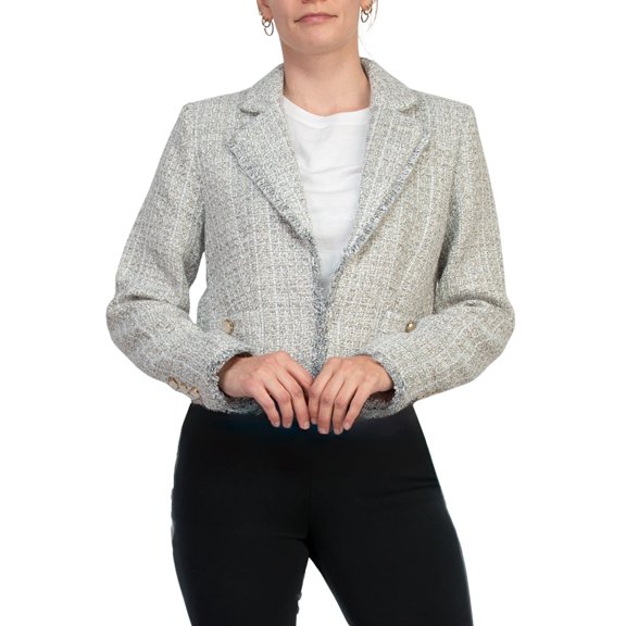 Elie Long Sleeve Tweed Metallic Open-Front Blazer With Patch Pockets With Metal Chain Logo Bar Color: WHITE GREY GOLD, Size: 8
