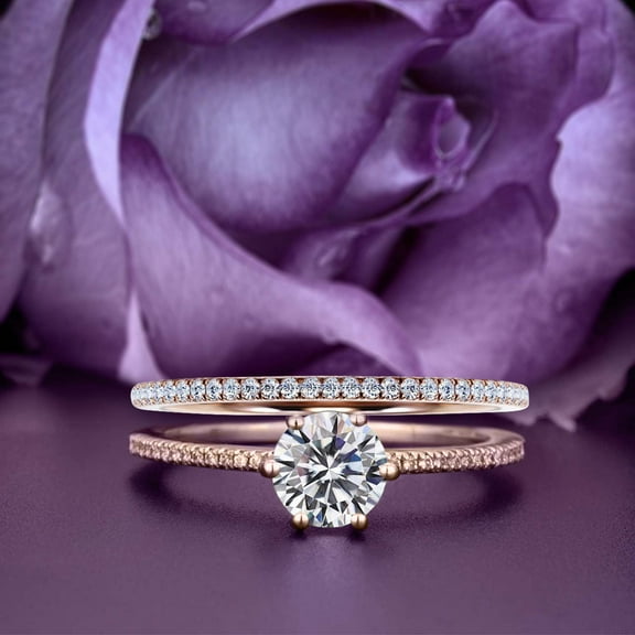 Beautiful Art Deco 1.75 Carat Round Cut Diamond Moissanite Engagement Ring, Wedding Ring, One Matching Band in 925 Sterling Silver With 18k Rose Gold Plating Gift For Her, Girlfriend Promise Ring