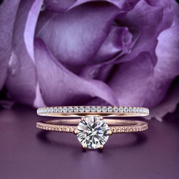 Bague de Fiançailles en Moissanite avec Diamant Rond de 1,75 Carat Fait Main Art Déco, Bague de Mariage, Bague Assortie en Or Rose Massif 10k, Cadeau pour Elle, Cadeau pour Petite Amie