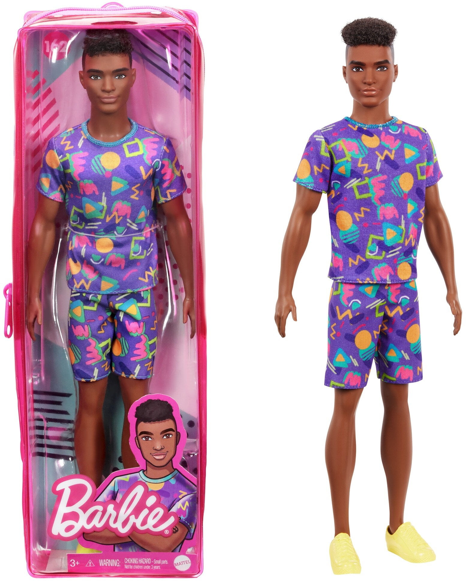 Barbie Ken Fashionistas Doll #162 with Rooted Brunette Hair Wearing Graphic Purple Top, Shorts & Yellow Toy for Kids 3 to 8 Years Old -