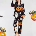 thumbnail image 6 of Womens Halloween Pajamas Full Theme Printed Long Sleeve Pocket Button Down Lapel Shirts Loose Casual Pants Soft Fall Winter Nightwear Comfy Silk 2 Pc Womens Loungewear Set Orange S, 6 of 7