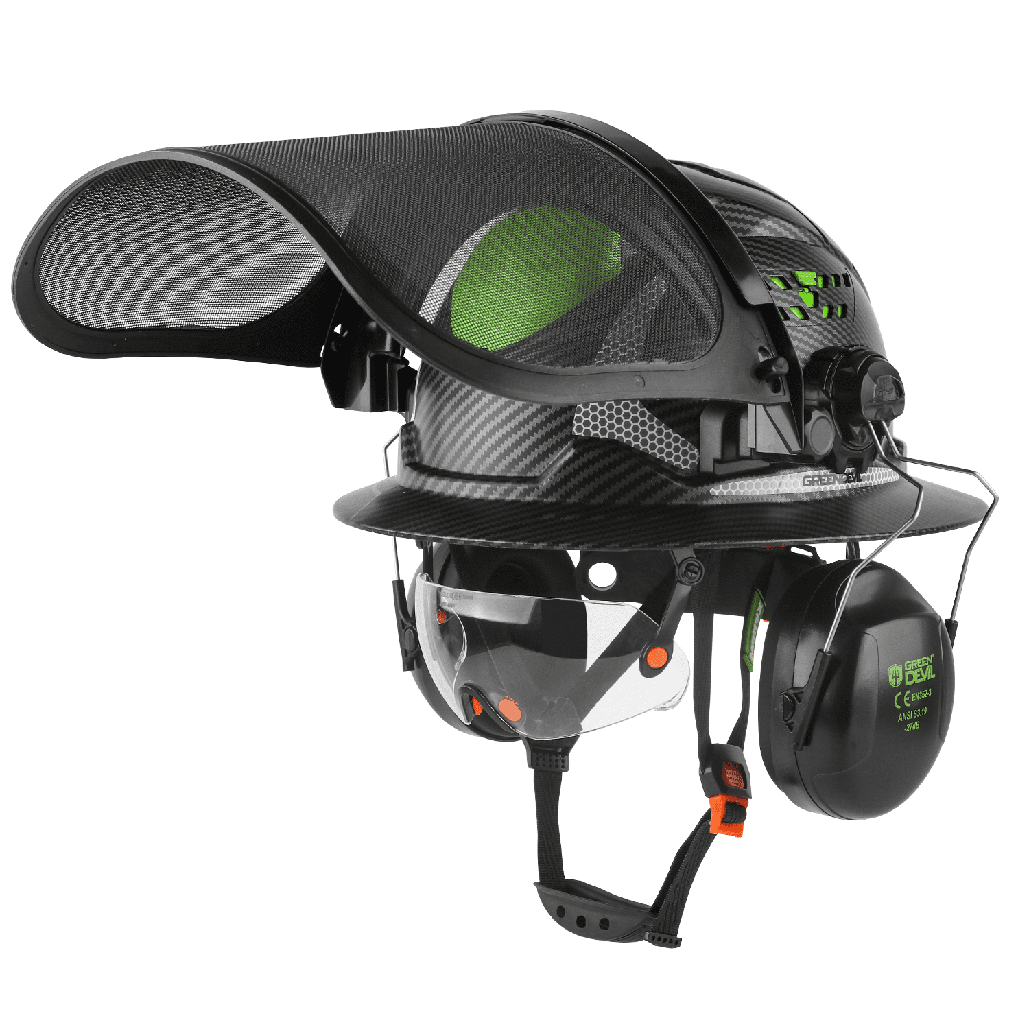 GREEN DEVIL Industrial Chainsaw Helmet with Face Shield Built in Visor and Ear Muffs 4 in 1 System ANSI Z89.1 Full Brim Safety Hard Hat Adjustable Headgear Ideal for Forestry and Arborist Work