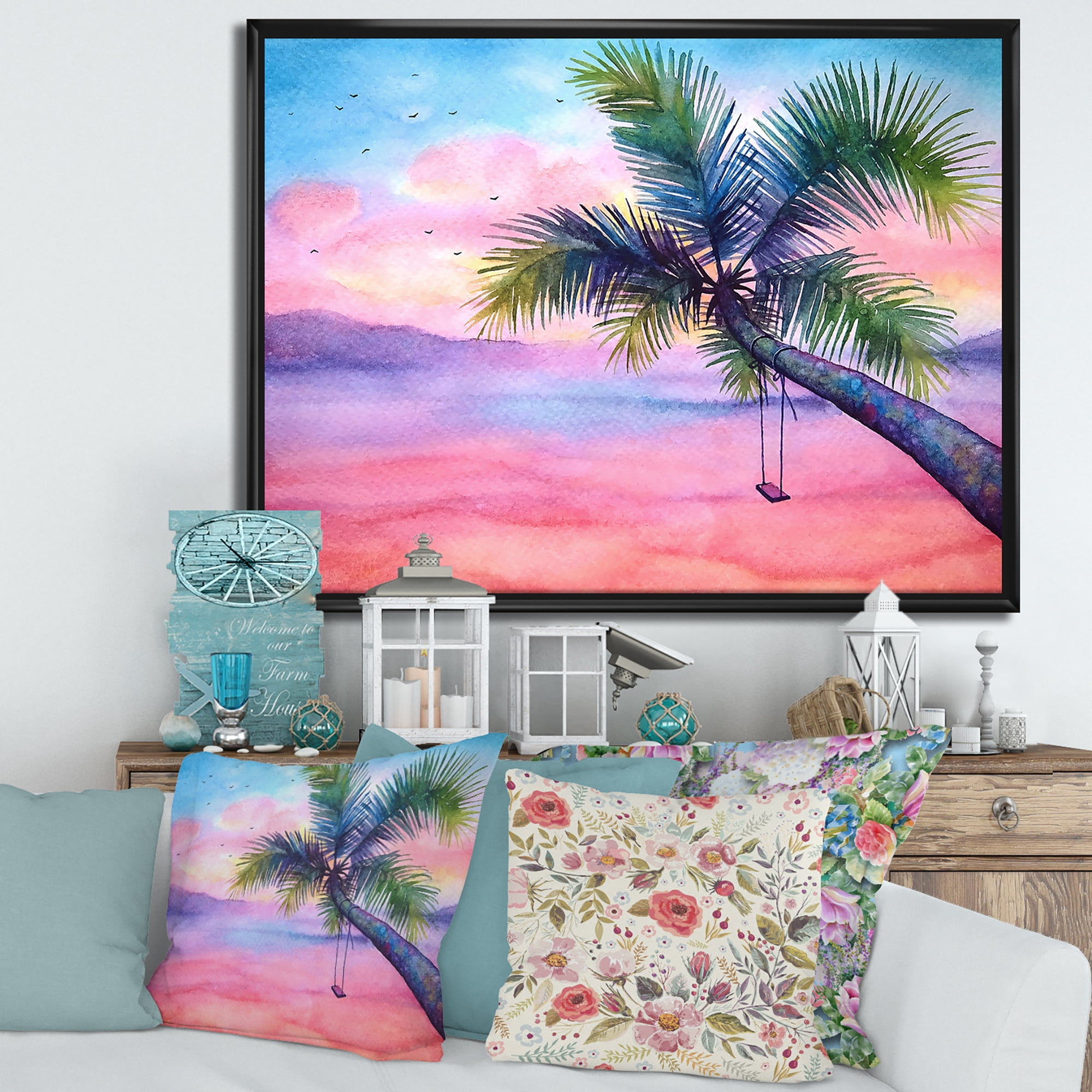 Designart 'Vivid Sunset Landscape With Swing and Palm' Nautical & Coastal Framed Canvas Wall Art Print