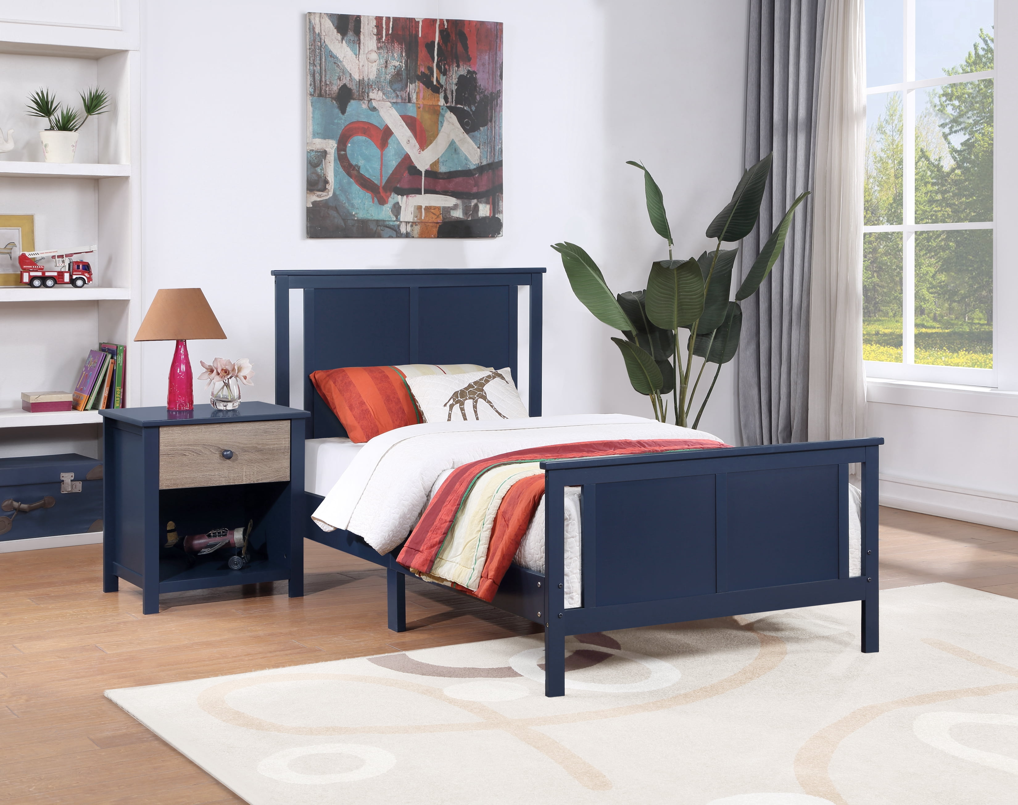Olive & Opie Connelly Kids Twin Modern Wooden Bed with Headboard and Footboard, Blue/Vintage Walnut