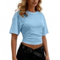 thumbnail image 2 of Htigea Womens Crop Tops Summer Short Sleeve Cinched Waist T-Shirts Trendy Casual Going Out Tee Light Blue M, 2 of 7