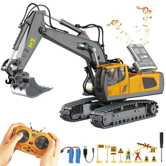 Remote Control Excavator for Kids, Rechargeable 11 Channel RC Construction Vehicle with Metal Shovel,Lights and Sounds, RC Excavator Toys for 3-12 Years Boys Girls