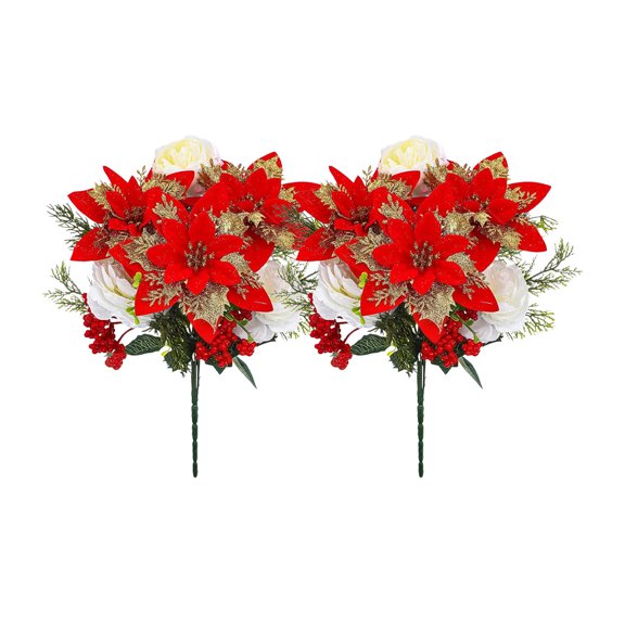 Artificial Flowers Realistic Fake Poinsettia, Glitter Holiday Christmas Decorations for Home, Faux Plants for Vase Indoor Table Centerpiece