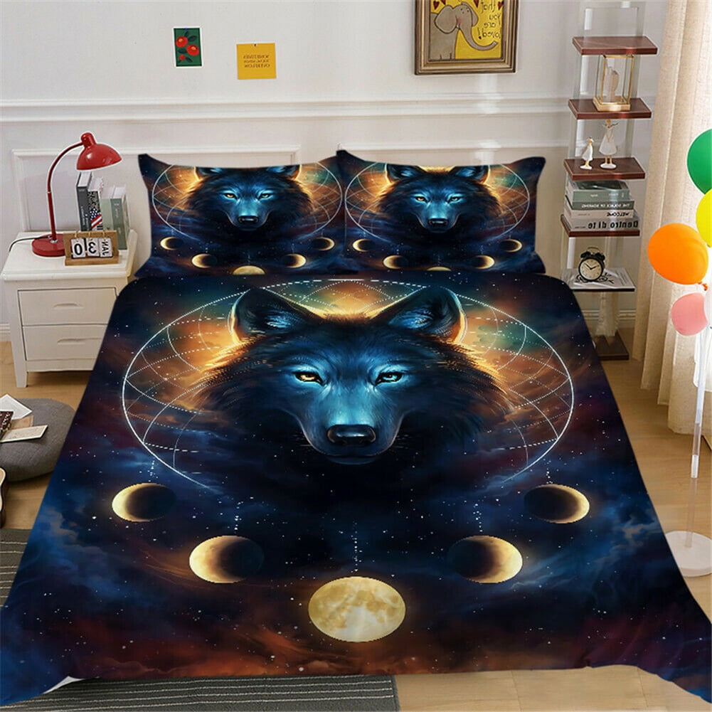 Kepooman 100% Brushed Microfiber Duvet Cover Set, 3 Pieces Super Soft Sunwolf Printed Bedding Set, Full Size