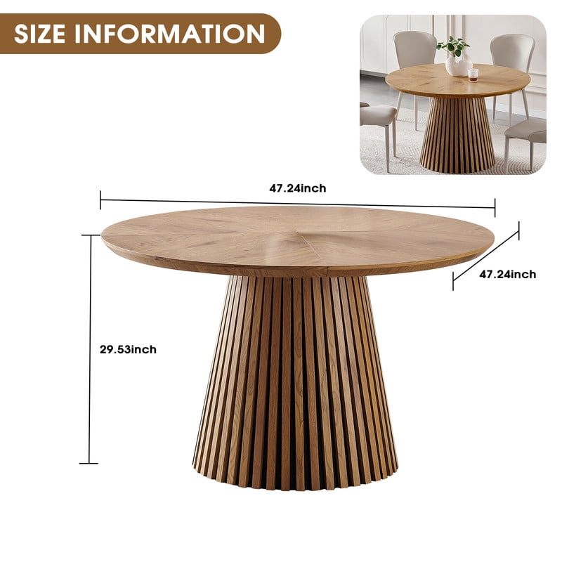 47.24'' Round Wooden Dining Table for 4, Accent Kitchen Dinner Table with Splicing Design Tabletop & Fluted Base