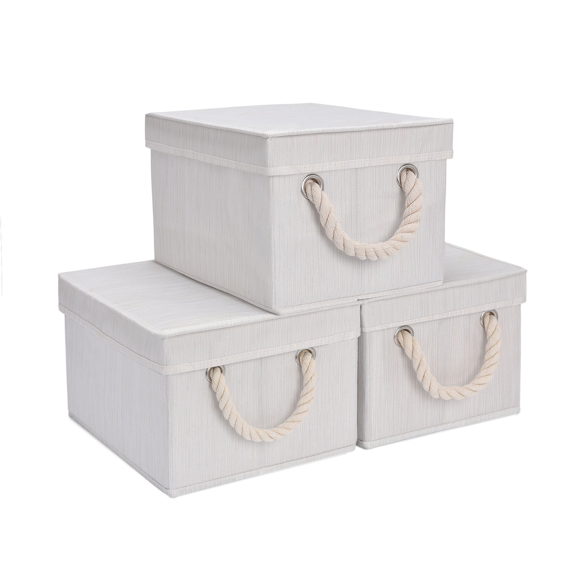 Foldable Fabric Storage Boxes with Lid & Handles, 3Pack, Medium, Ivory, 8.7''x11.4''x6.9
