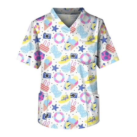 

Mlqidk Scrub Tops Men Clearance Working Uniforms Men Beach Elements Print Scrub_tops V-Neck Short Sleeve Shirts with Pockets T-Shirt Light Purple XXL