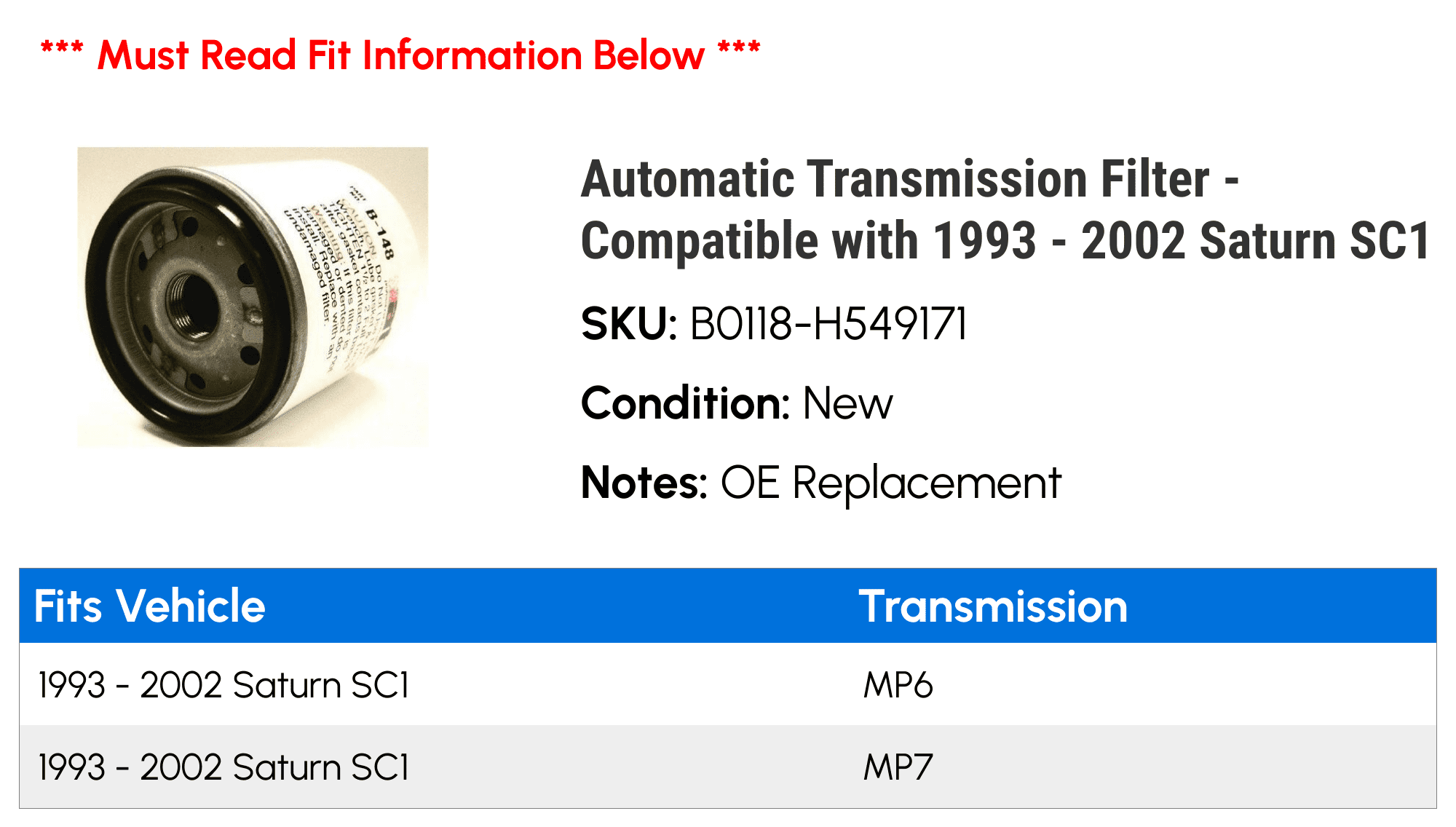 Automatic Transmission Filter - Compatible with 1993 - 2002 Saturn SC1 1994 1995 1996 1997 1998 1999 2000 2001