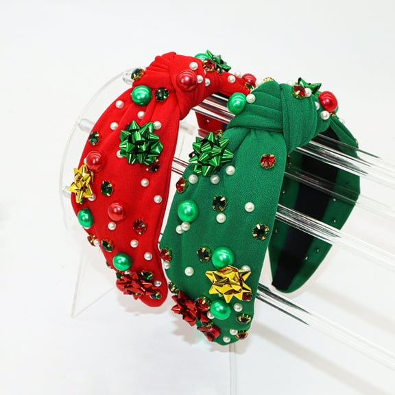 SSKDBFJG Christmas Headband for Women Jeweled Xmas Flower Embellished Ladies Wide Top Knot Red Green Makeup Hair Hoop Accessory Holiday Party Costume Decor Gifts