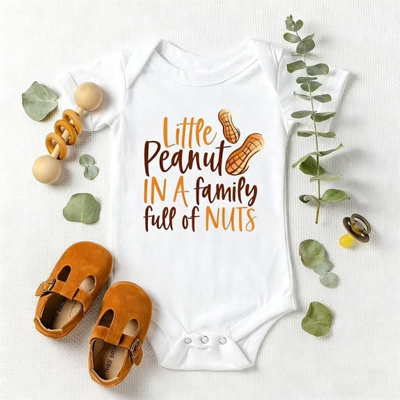 Baby Bodysuit or Onesie with "Little Peanut in a Family Full of NUTS" Print, Soft Cotton Short Sleeve Romper, Newborn Infant Casual Outfit