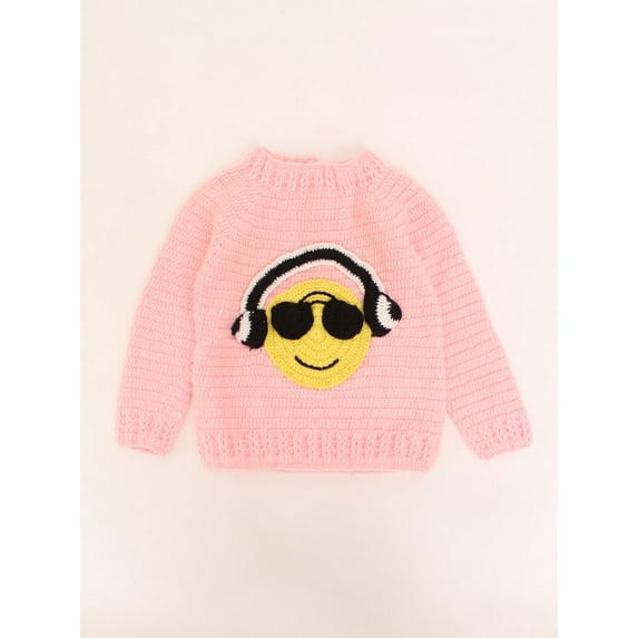 Woonie Handmade Full Sleeves Sweater Detailing Smily face With Headphone -Pink