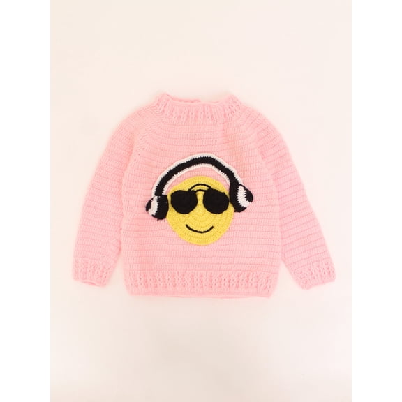 Woonie Handmade Full Sleeves Sweater Detailing Smily face With Headphone -Pink