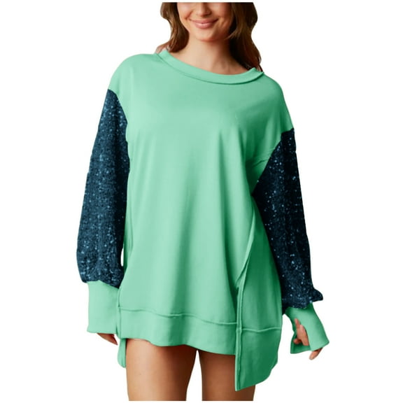 STETMN Women's Sequin Long Sleeve Top Plus Size Casual Round Neck Shirt High Low Hem T-Shirt