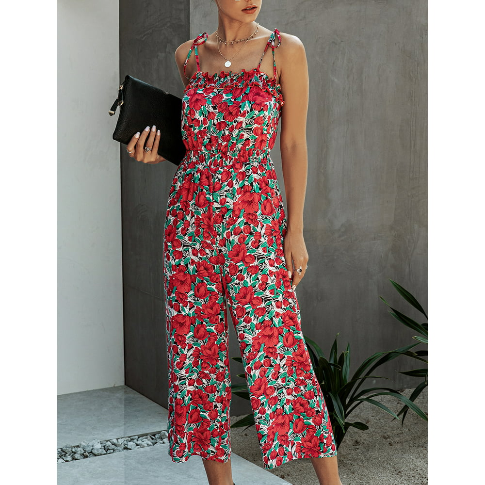 Top She Women S Summer Jumpsuits Flower Print Sleeveless Rompers Casual Beach Bohemian Lounge