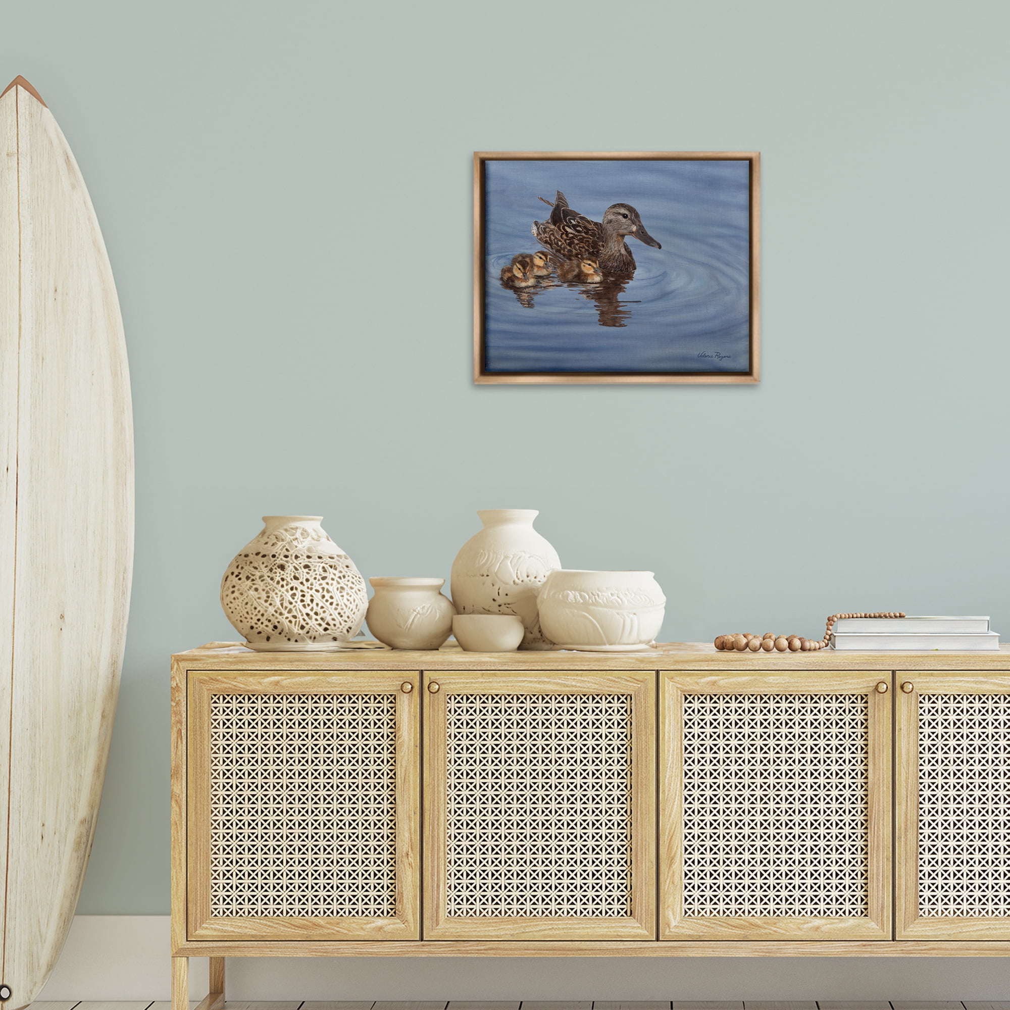 Stupell Industries Duck Family Ripples Animals Painting Brown Floater Framed Canvas Art Print Wall Art, 21 x 17