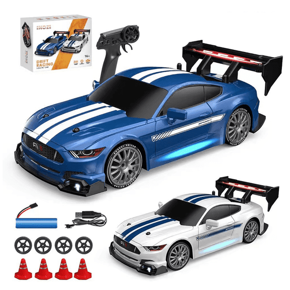 1/24 Scale RC Drift Car, 2.4G Full Proportional 4WD Remote Control Racing Sport Car with 30KM/H High & LED Lights, RTR Toy Vehicle with Extra Tires and Roadblocks for Adults