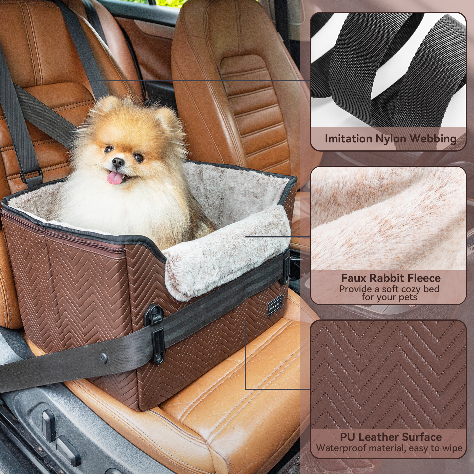 PETSFIT Car Seat for Dogs, Waterproof PU Leather Dog Car Seat for Small Dogs with Patent Safe Buckles, Clip-On Leash, Pet Travel Carrier Bed for Small Pets Up to 25lbs ，Brown