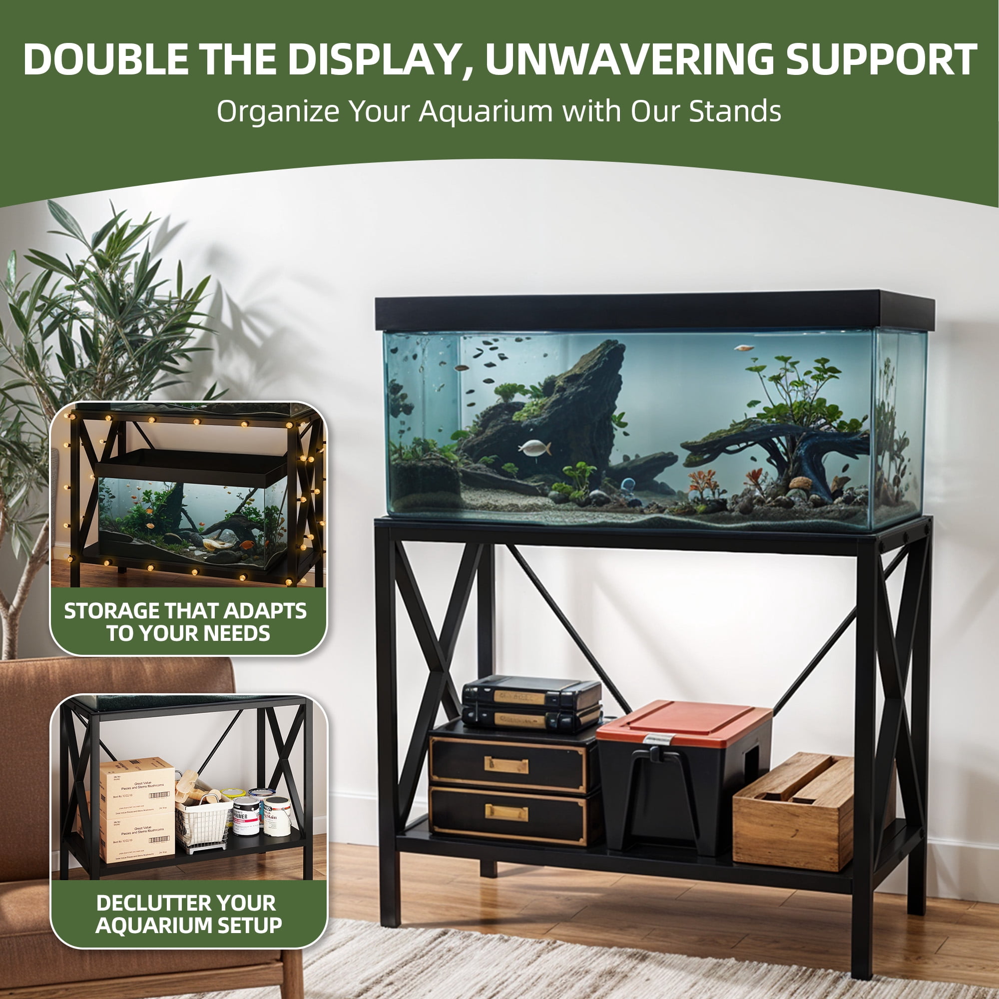 Uforic X-Shape 10-40 Gallon Double-Layer Storage Metal Fish Tank Stand, 500 Lbs Capacity, Black
