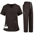 thumbnail image 2 of Resicozy Scrub Suit Set for Women Short Sleeve V-Neck Top Wide Leg Jogger Pants with Drawstring Nursing Uniforms Set Brown 2XL, 2 of 7