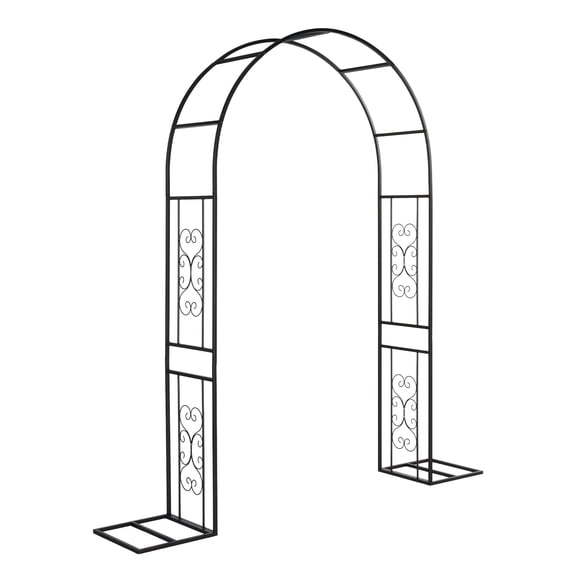 Ktaxon 7.6ft Curved Top Wrought Iron Garden Arch with Base, Floral Side Design for Climbing Plants, Wedding, Outdoor Decor Black