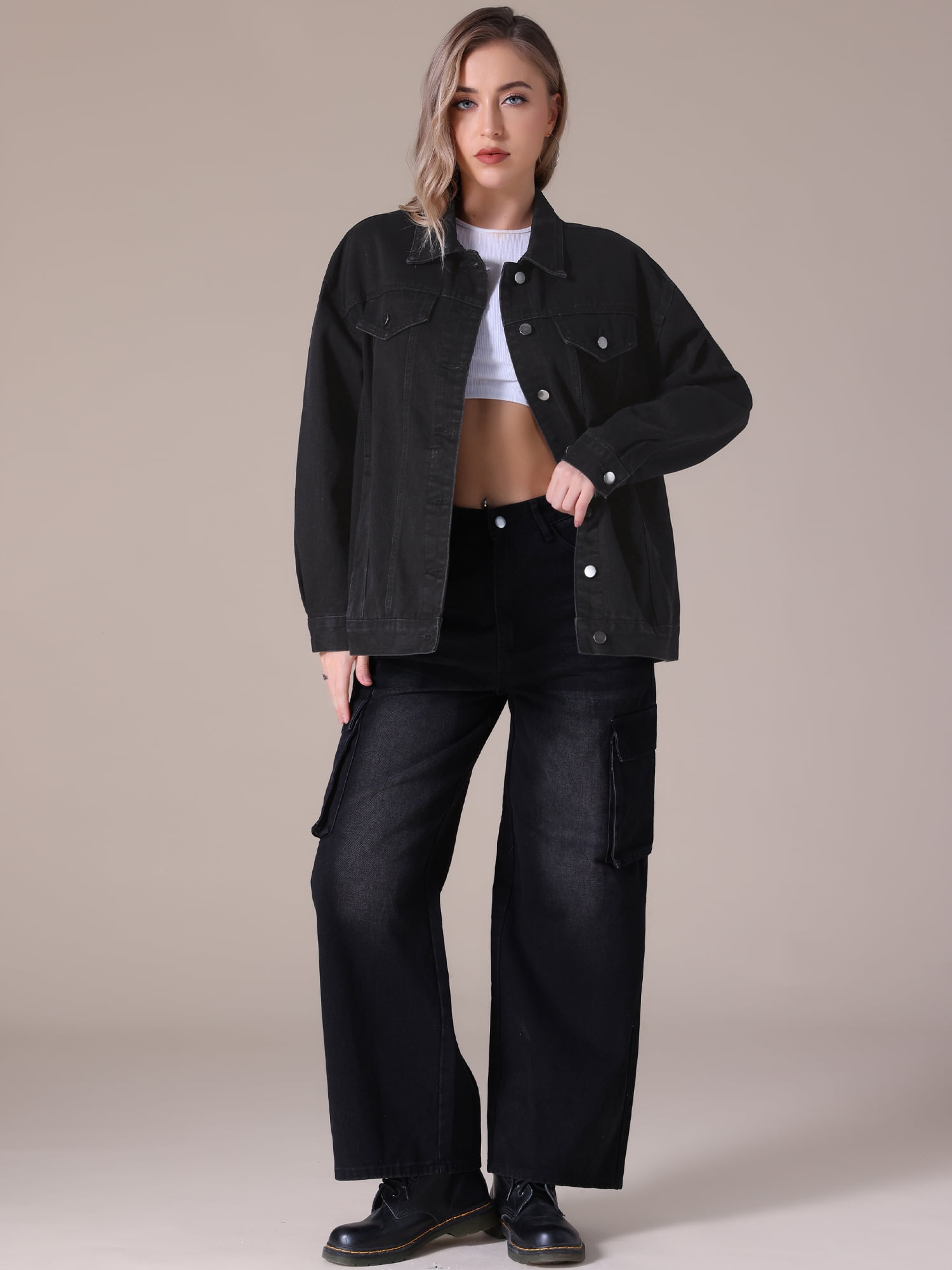 Unique Bargains Women's Casual Denim Jacket with Oversized Pockets XL Black