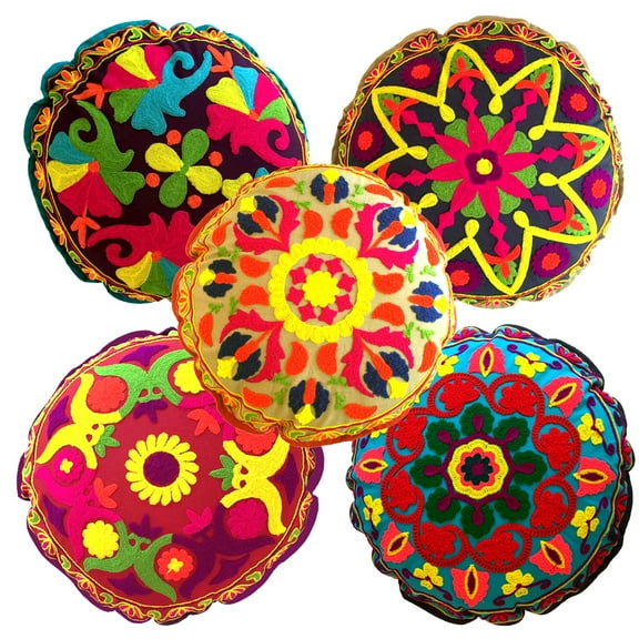 Stylo Culture Indian Outdoor Floor Cushion Traditional Sujani Embroidered Cover Colorful Small 18 x 18 Decorative Round Decor Seating Tuffet Seat Pouf Cover Footstool Cotton Floral Set Of 5