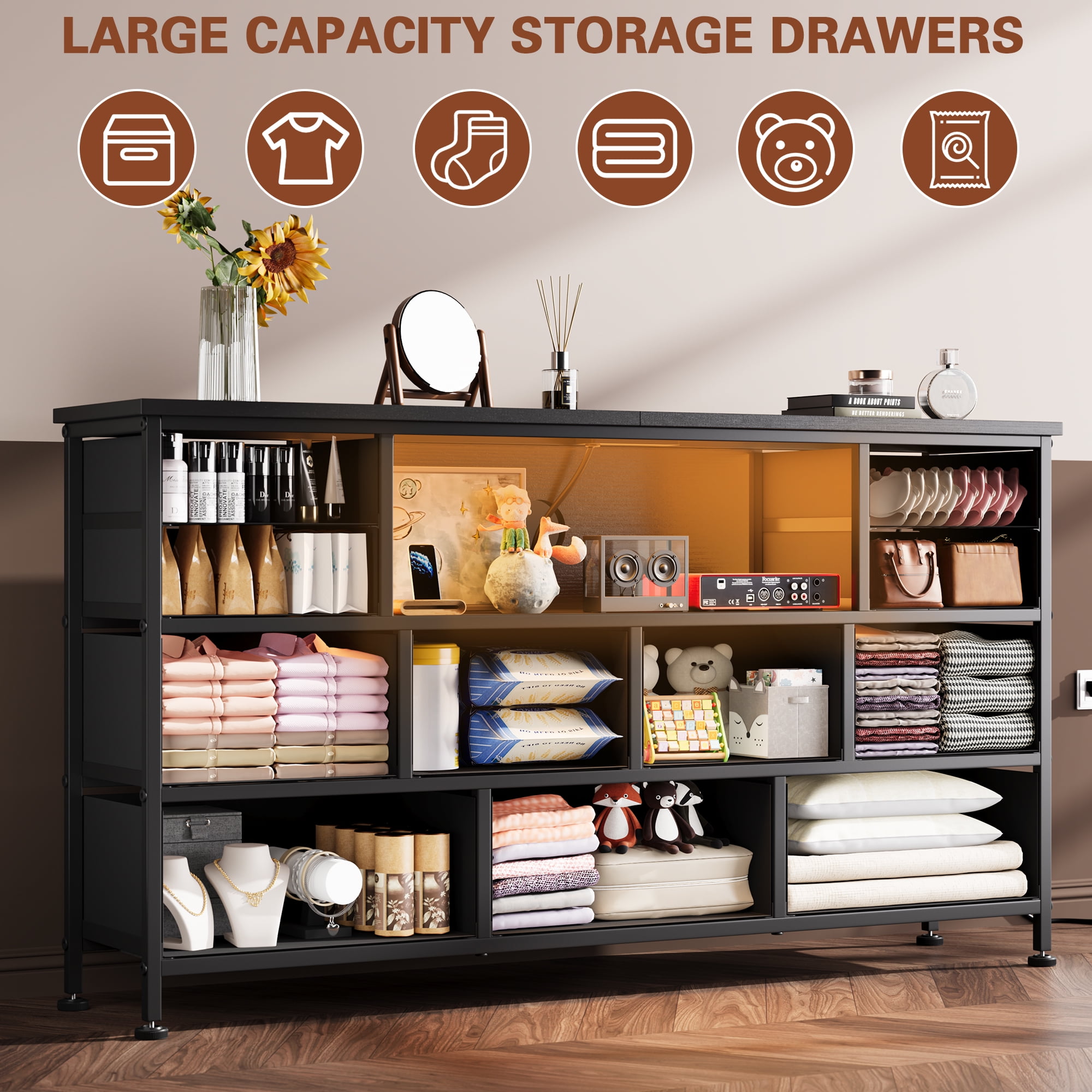 GIKPAL Dresser for Bedroom with LED Lights, Black Dresser TV Stands for 55 60 inch TV with 11 Drawers and Power Outlets, Fabric Chest of Drawers for Bedroom Furniture, Living Room, Adults, All_age  (图5)