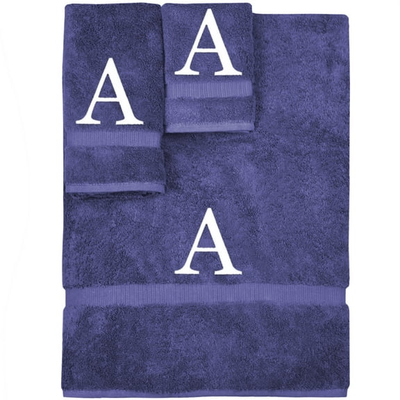 Monogrammed Towel Set, Personalized Gift, Set of 3- White Block Letter Embroidered Towel - Extra Absorbent 100% Turkish Cotton - Soft Terry Finish - Initial A Navy