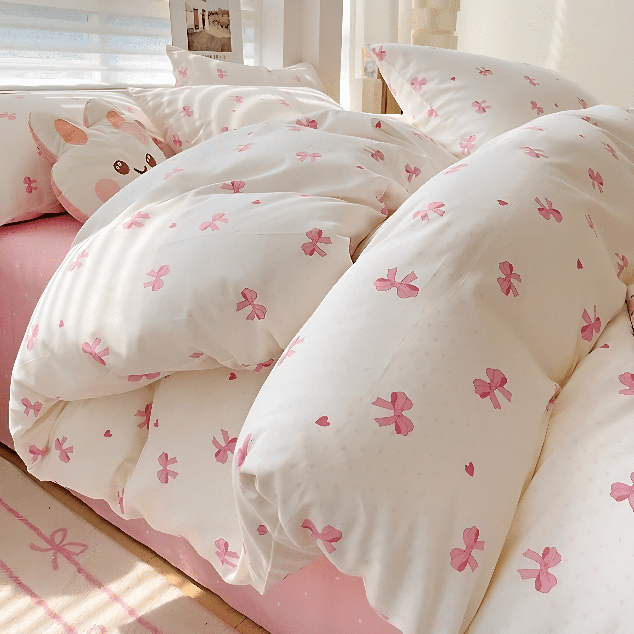 2 Pieces Cartoon Pink Bowknot Pattern on White Duvet Cover Set Boys Girls Teens Gentle Soft Home Cozy and Breathable Bedding Set,Twin Size