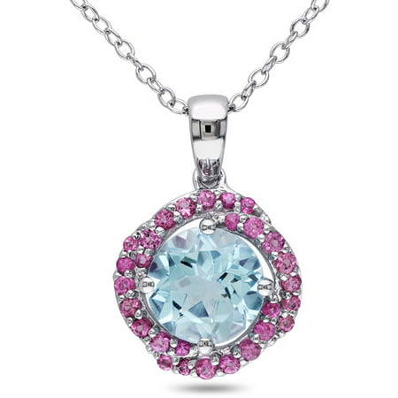 2-3/4 Carat T.G.W. Blue Topaz and Pink Tourmaline Sterling Silver Halo Pendant, 18